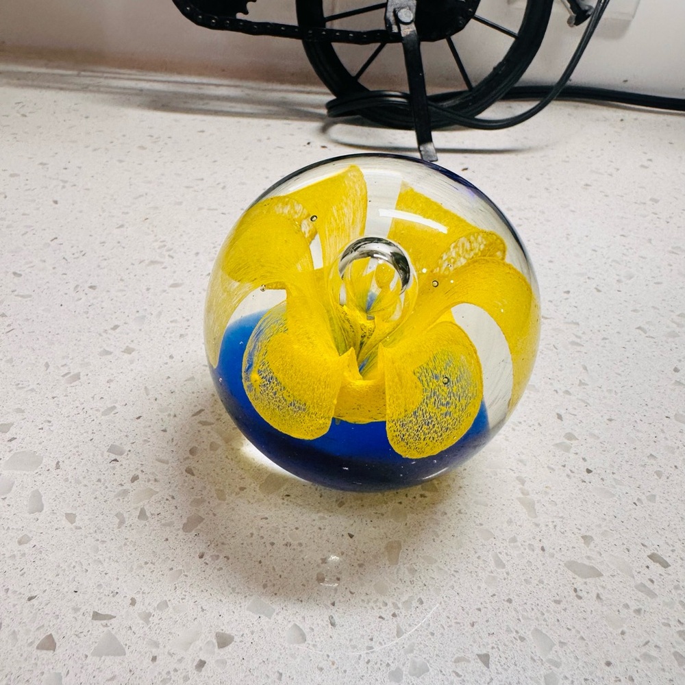 Vintage Art Glass Paperweight with Yellow Flower - Picture 2 of 5